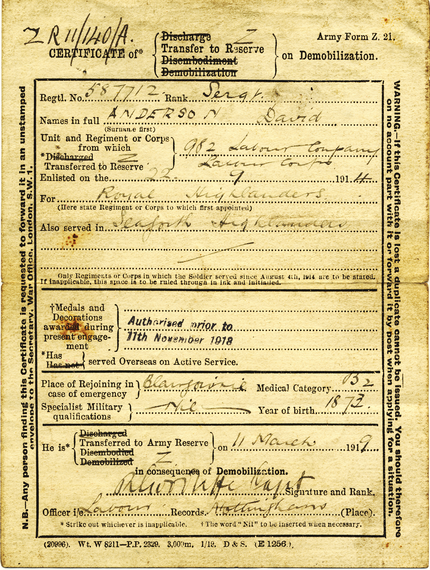 transfer to army reserve march 11 1919