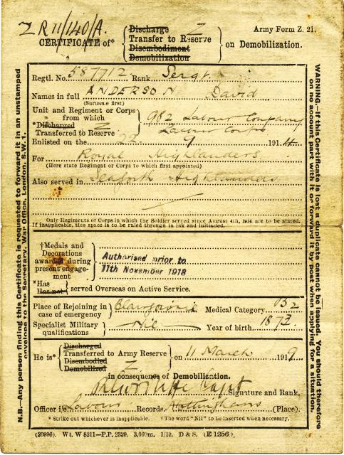 transfer to army reserve march 11 1919
