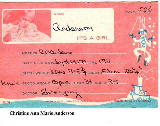 Christine's birth card