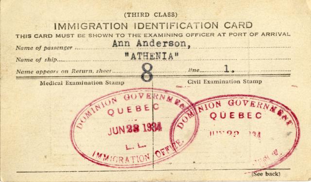 Annie immigration card June 22 1934