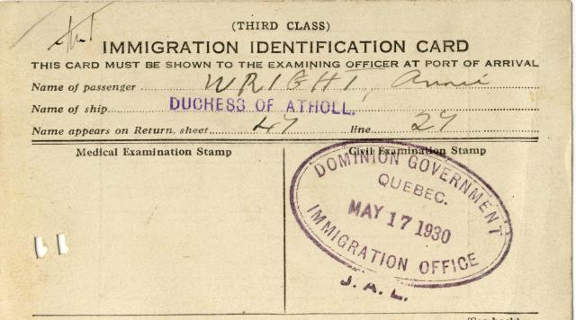 Annie Wright Immigration card May 17 1930 