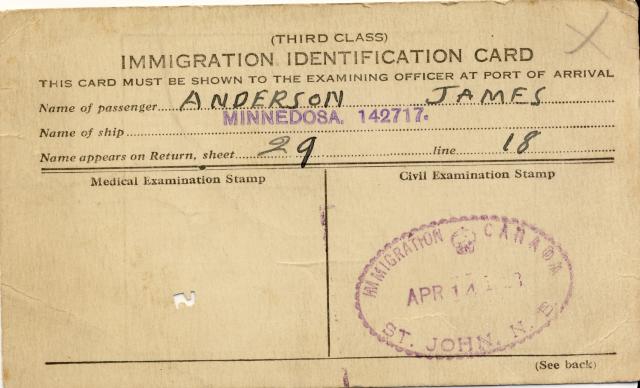 James Anderson immigration card 