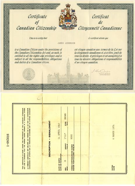 Jim Anderson's citizenship certificate