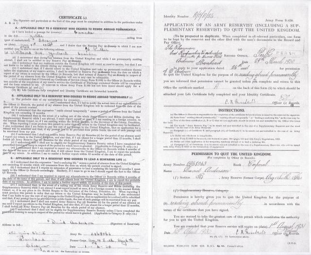 Dave Anderson 3's application to quit the United Kingdom March 24, 1930