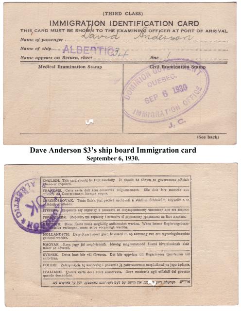 Dave Anderson 3 Immigration card