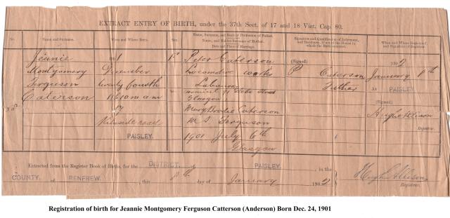 Registration of birth Jeannie Catterson Anderson