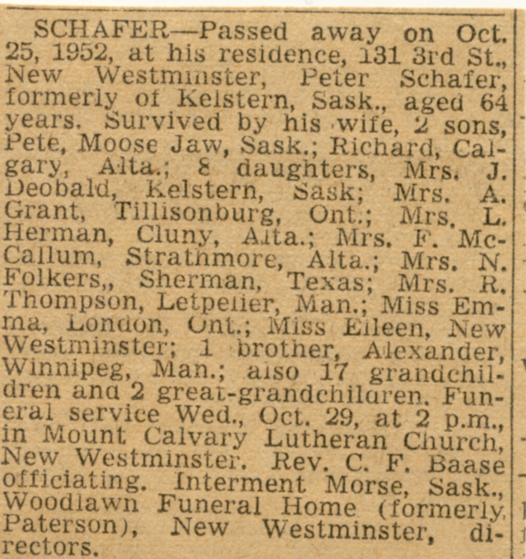 Peter Schafer death notice 1952